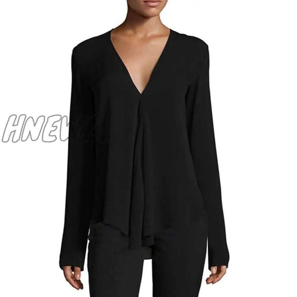 Hnewly Summer Vintage Women Chiffon Blouse Shirt V - Neck Long Sleeve Female Tunic Casual Plus Size