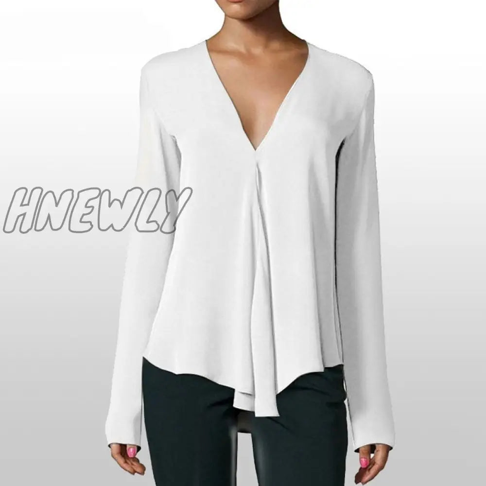 Hnewly Summer Vintage Women Chiffon Blouse Shirt V - Neck Long Sleeve Female Tunic Casual Plus Size