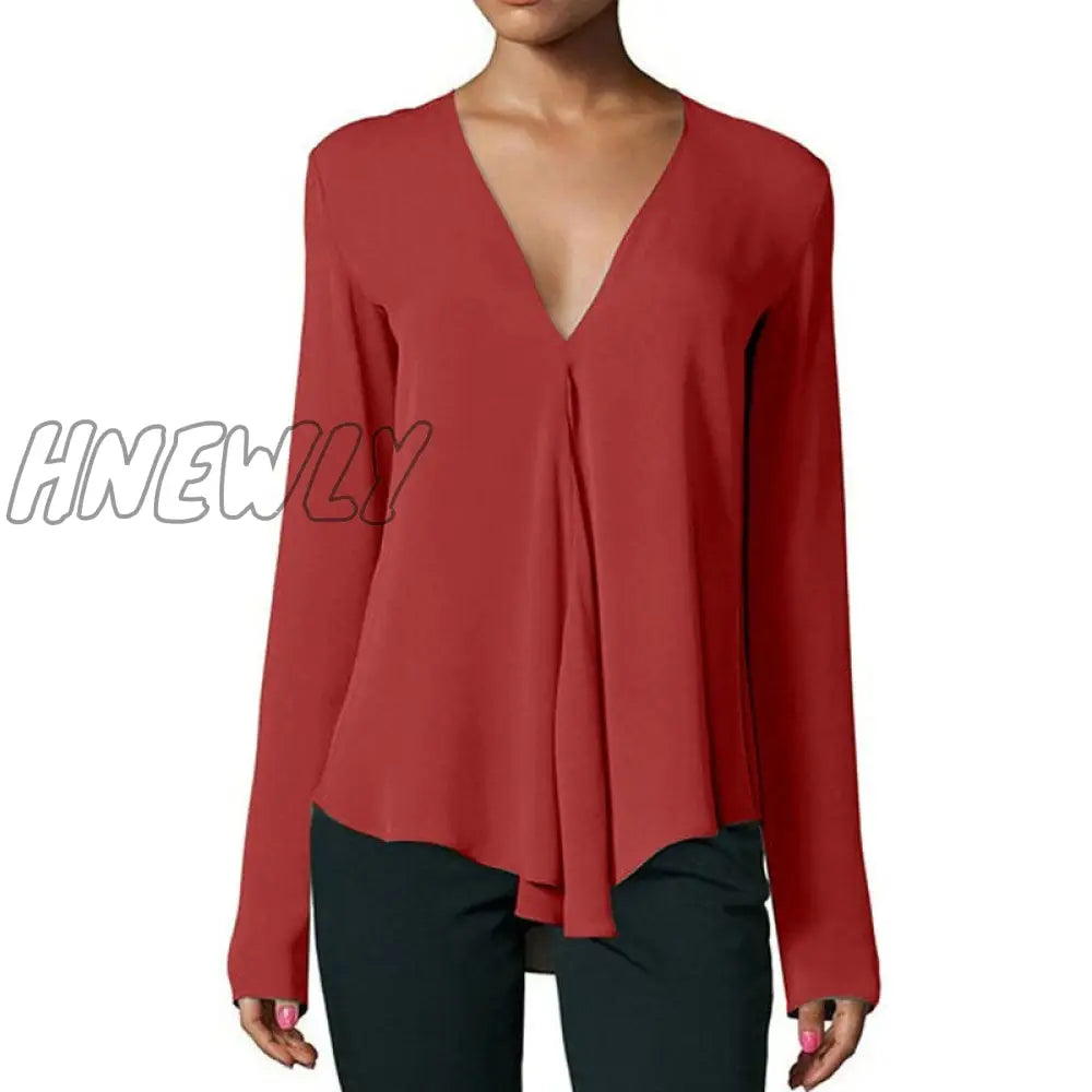 Hnewly Summer Vintage Women Chiffon Blouse Shirt V - Neck Long Sleeve Female Tunic Casual Plus Size