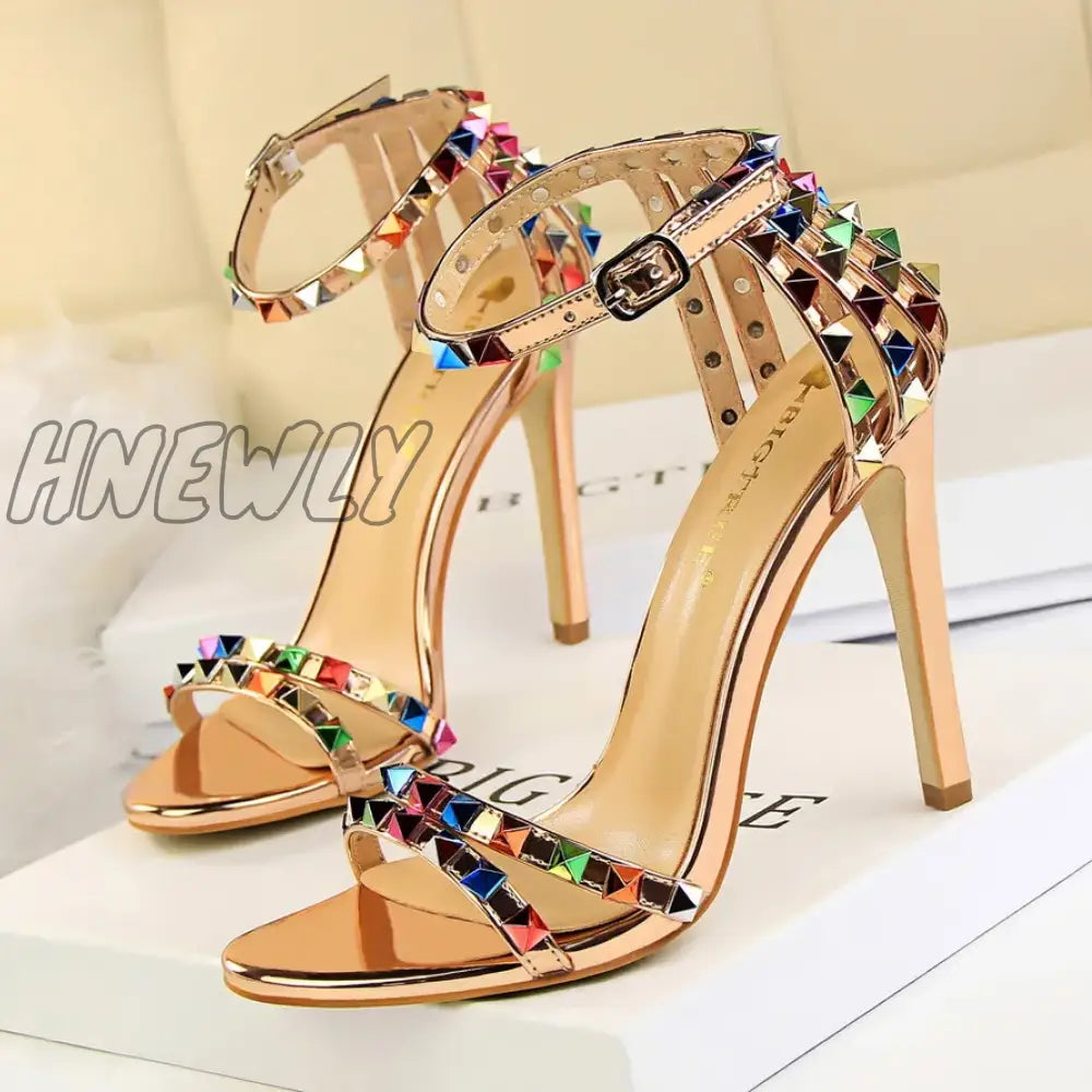 Hnewly Summer Women 11Cm High Heels Rivets Studded Sandals Lady Sandles Stiletto Gladiator Pumps