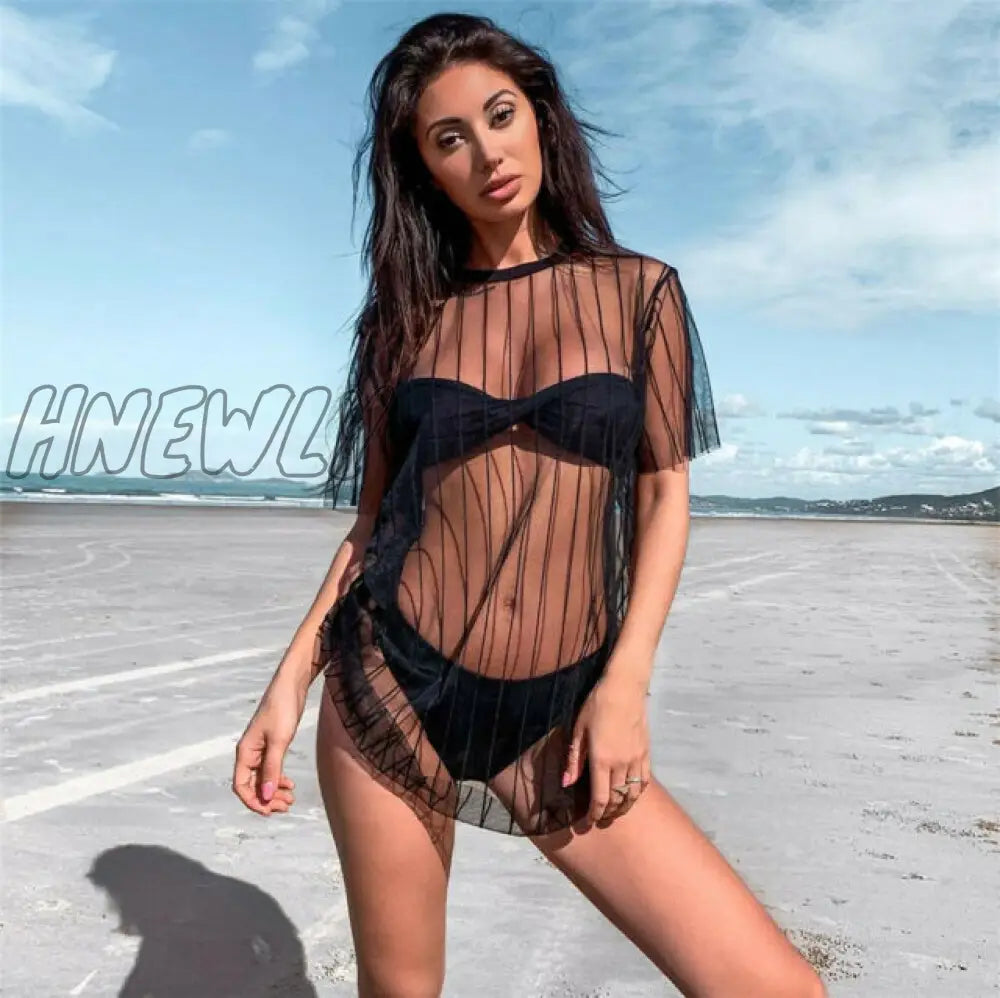 Hnewly Summer Women Beach Swimsuit Cover Up Sexy Mesh Sheer Bikini Bathing Loose Tops Swimwear New