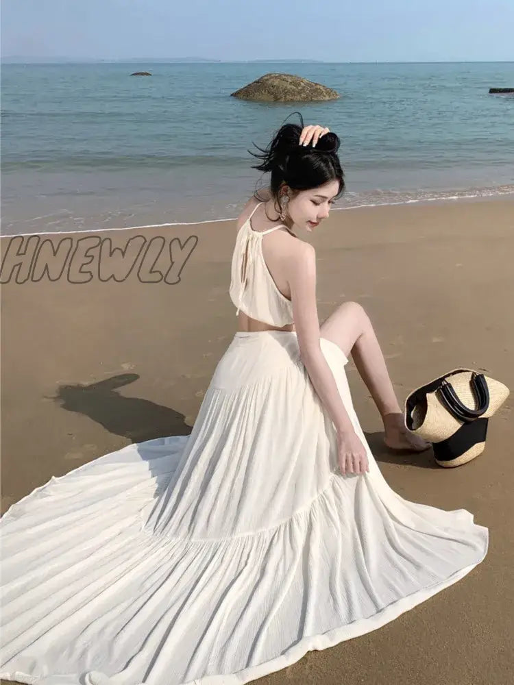 Hnewly Summer Women Beach Two Piece Set Sexy Strap Short Tops & High Waist One-Piece Lace Up Skirt