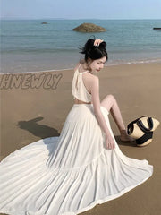 Hnewly Summer Women Beach Two Piece Set Sexy Strap Short Tops & High Waist One-Piece Lace Up Skirt