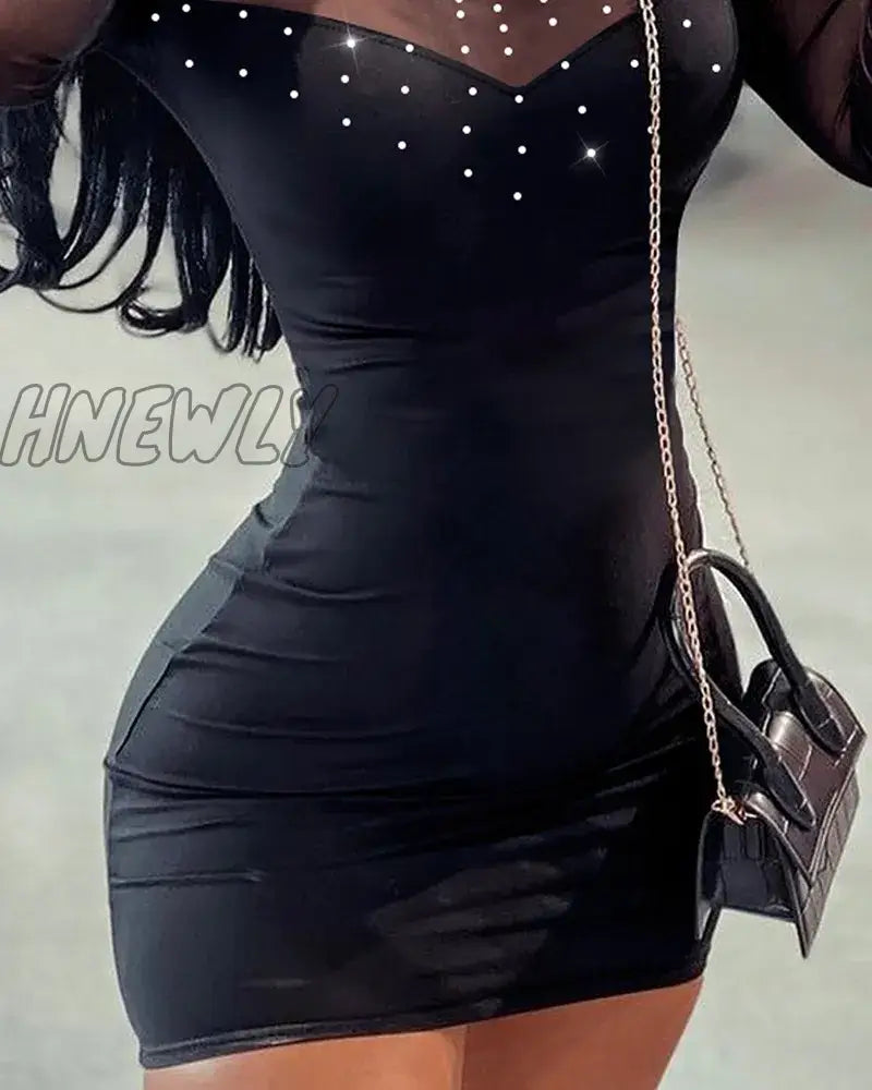 Hnewly Summer Women Dress Sexy Shiny Rhinestone Sheer Mesh Patchwork Bodycon Night Club