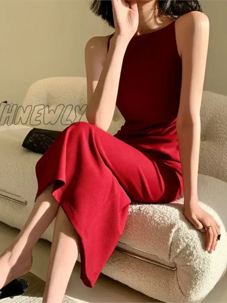 Hnewly Summer Women Elegant Casual Midi Dress Spaghetti Strap Bodycon Slim Party Birthday Clothes