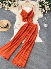 Hnewly Summer Women Pleated Two Piece Set Sexy Female Criss Cross Twist Strap Tops + High Waist