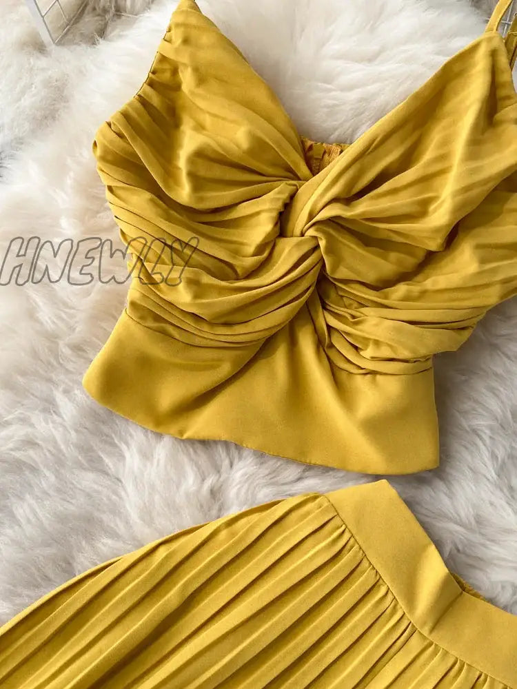 Hnewly Summer Women Pleated Two Piece Set Sexy Female Criss Cross Twist Strap Tops + High Waist