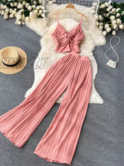 Hnewly Summer Women Pleated Two Piece Set Sexy Female Criss Cross Twist Strap Tops + High Waist