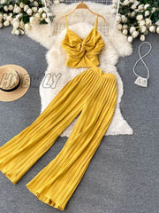 Hnewly Summer Women Pleated Two Piece Set Sexy Female Criss Cross Twist Strap Tops + High Waist