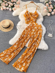 Hnewly Summer Women Sexy Printed Two Piece Set Beach Female Strap Camis Tops + Draped Wide Leg