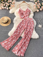 Hnewly Summer Women Sexy Printed Two Piece Set Beach Female Strap Camis Tops + Draped Wide Leg