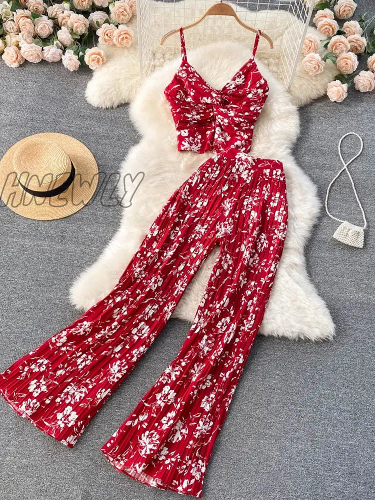 Hnewly Summer Women Sexy Printed Two Piece Set Beach Female Strap Camis Tops + Draped Wide Leg