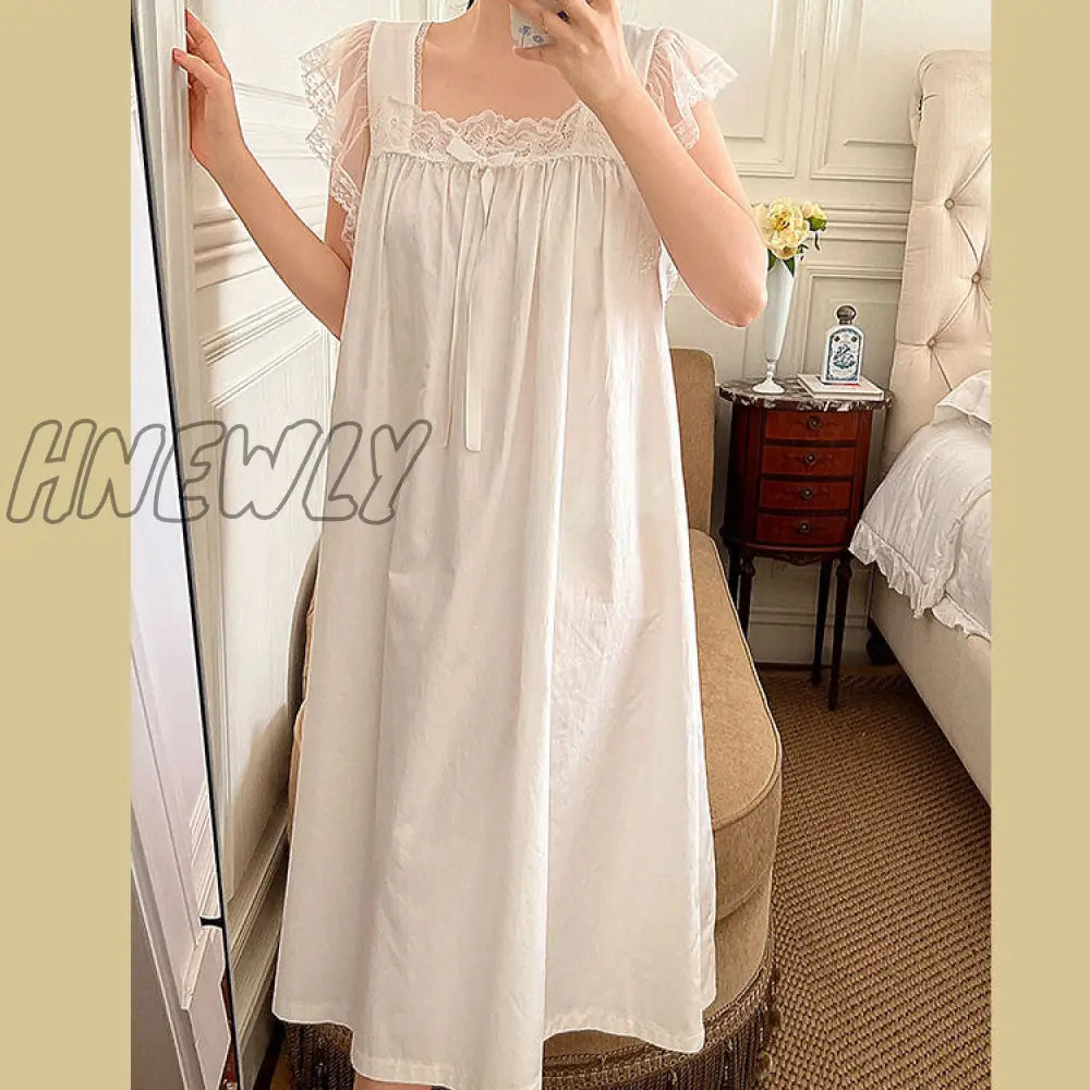 Hnewly Summer Women Sleepwear Cotton Princess Dress White Sleeveless Nightdress Vintage Lady Girl