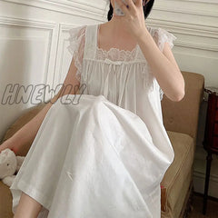 Hnewly Summer Women Sleepwear Cotton Princess Dress White Sleeveless Nightdress Vintage Lady Girl