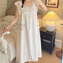 Hnewly Summer Women Sleepwear Cotton Princess Dress White Sleeveless Nightdress Vintage Lady Girl