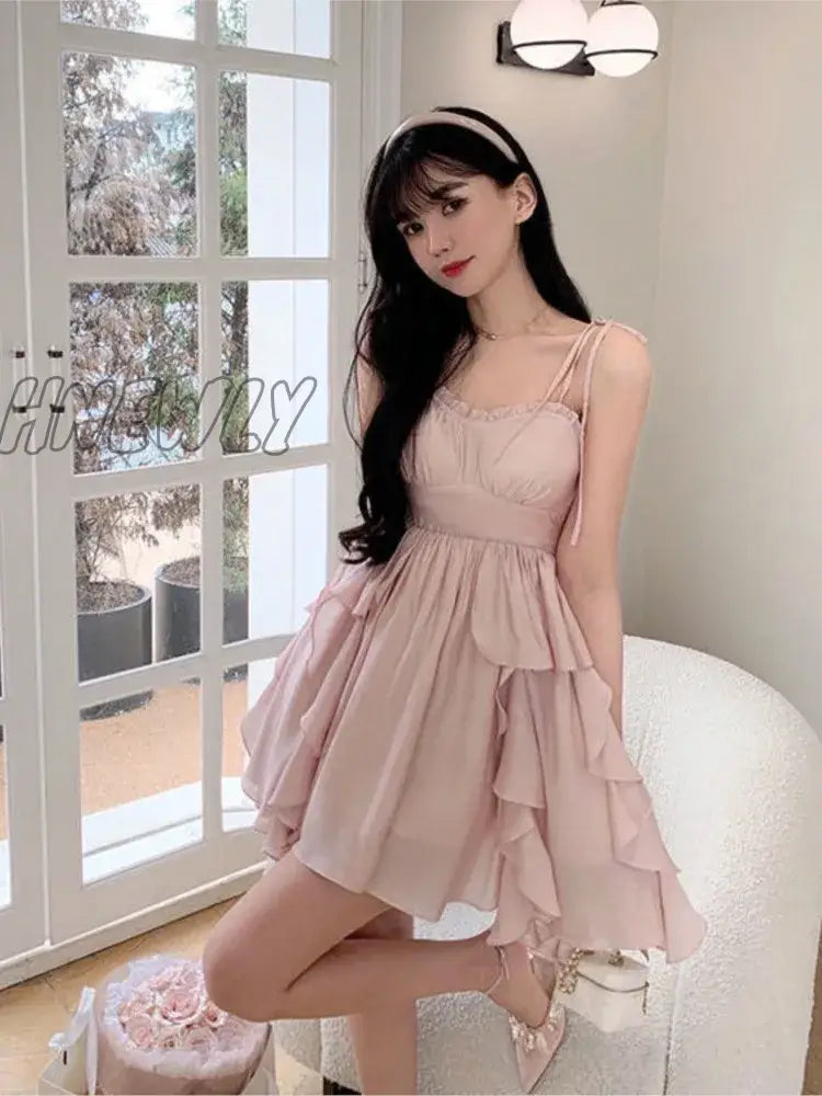 Hnewly Summer Women Sundress Suspenders Ruffles Fairy Dress Elegant Feminine Holiday Beach Romantic