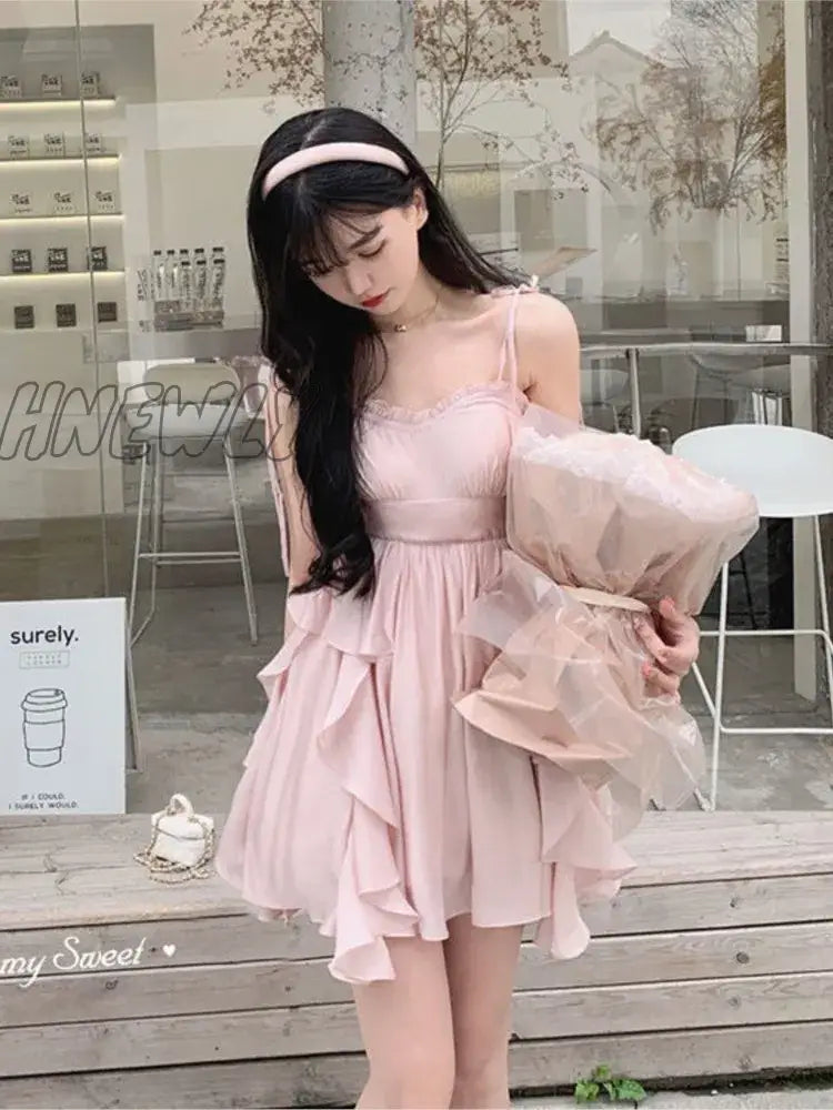 Hnewly Summer Women Sundress Suspenders Ruffles Fairy Dress Elegant Feminine Holiday Beach Romantic