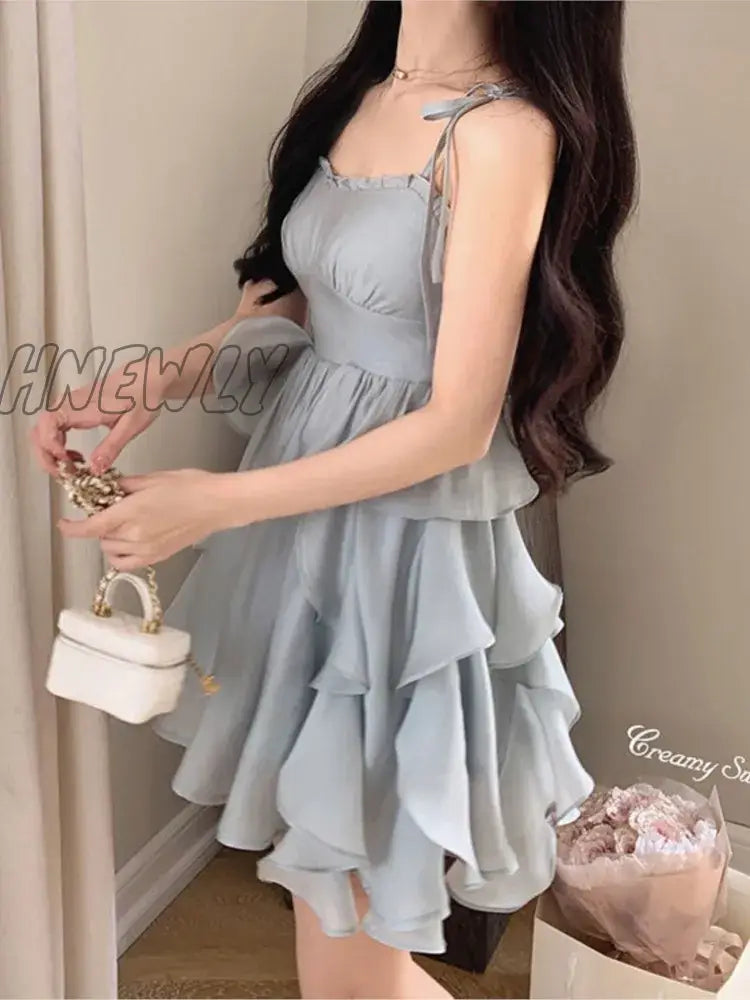 Hnewly Summer Women Sundress Suspenders Ruffles Fairy Dress Elegant Feminine Holiday Beach Romantic