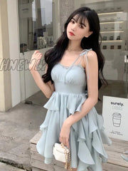 Hnewly Summer Women Sundress Suspenders Ruffles Fairy Dress Elegant Feminine Holiday Beach Romantic