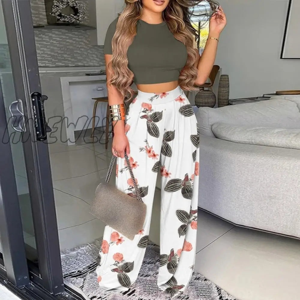 Hnewly Summer Women Two Piece Sets Elegant Print Office Lady Outfits O Neck Short Sleeve Shirt