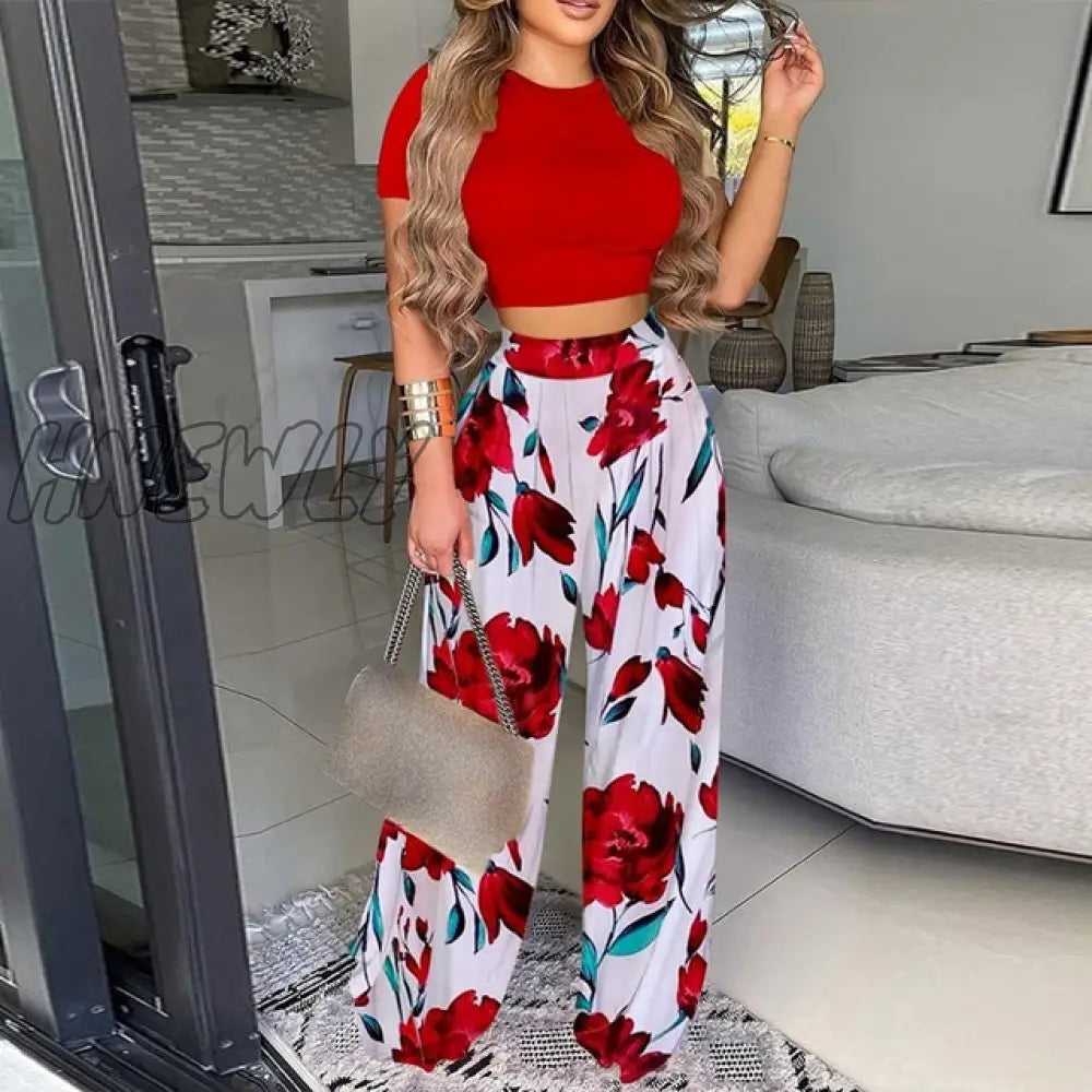 Hnewly Summer Women Two Piece Sets Elegant Print Office Lady Outfits O Neck Short Sleeve Shirt