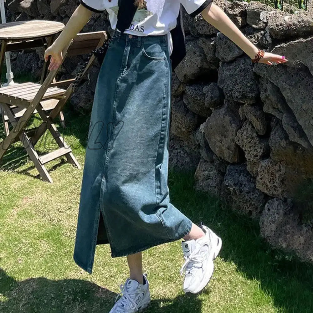 Hnewly Summer Women’s Denim Midi Skirt Korean High Waist Front Slit Long Skirts Women Y2K