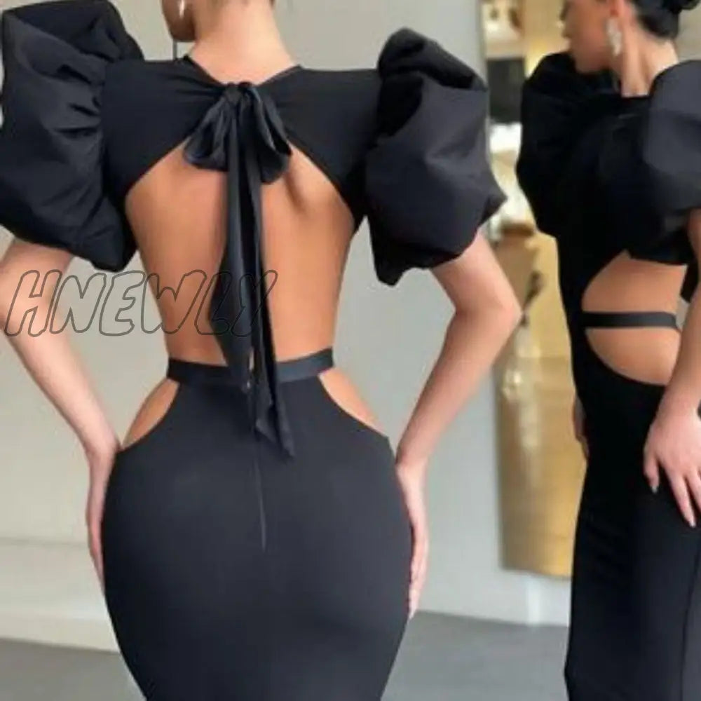 Hnewly Summer Women’s Dress Fashion Cut Out Backless Evening Sexy Night Club Party Black Puff