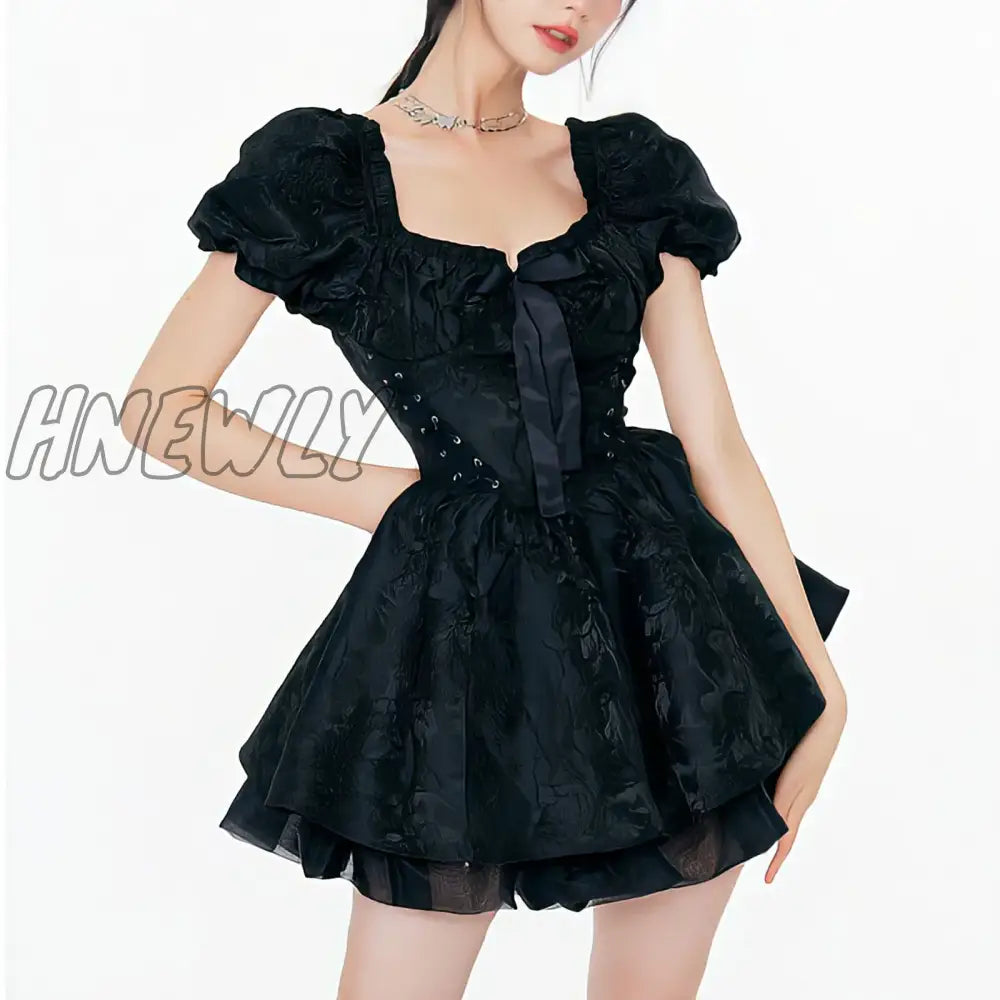 Hnewly Summer Women’s Dress Lolita Tunic Mesh Escaping Princess Square Neck Advanced Party Bubble