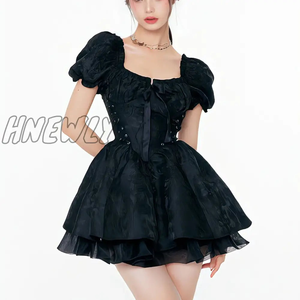 Hnewly Summer Women’s Dress Lolita Tunic Mesh Escaping Princess Square Neck Advanced Party Bubble