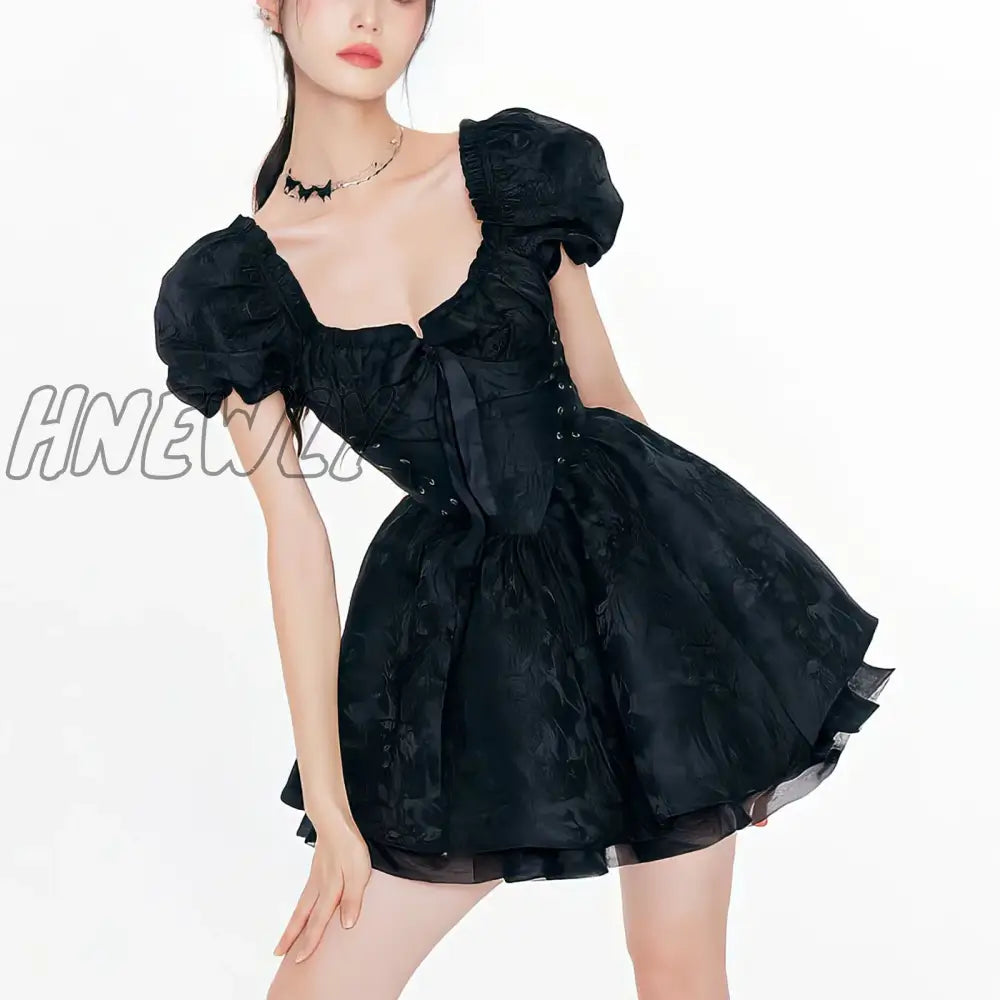 Hnewly Summer Women’s Dress Lolita Tunic Mesh Escaping Princess Square Neck Advanced Party Bubble