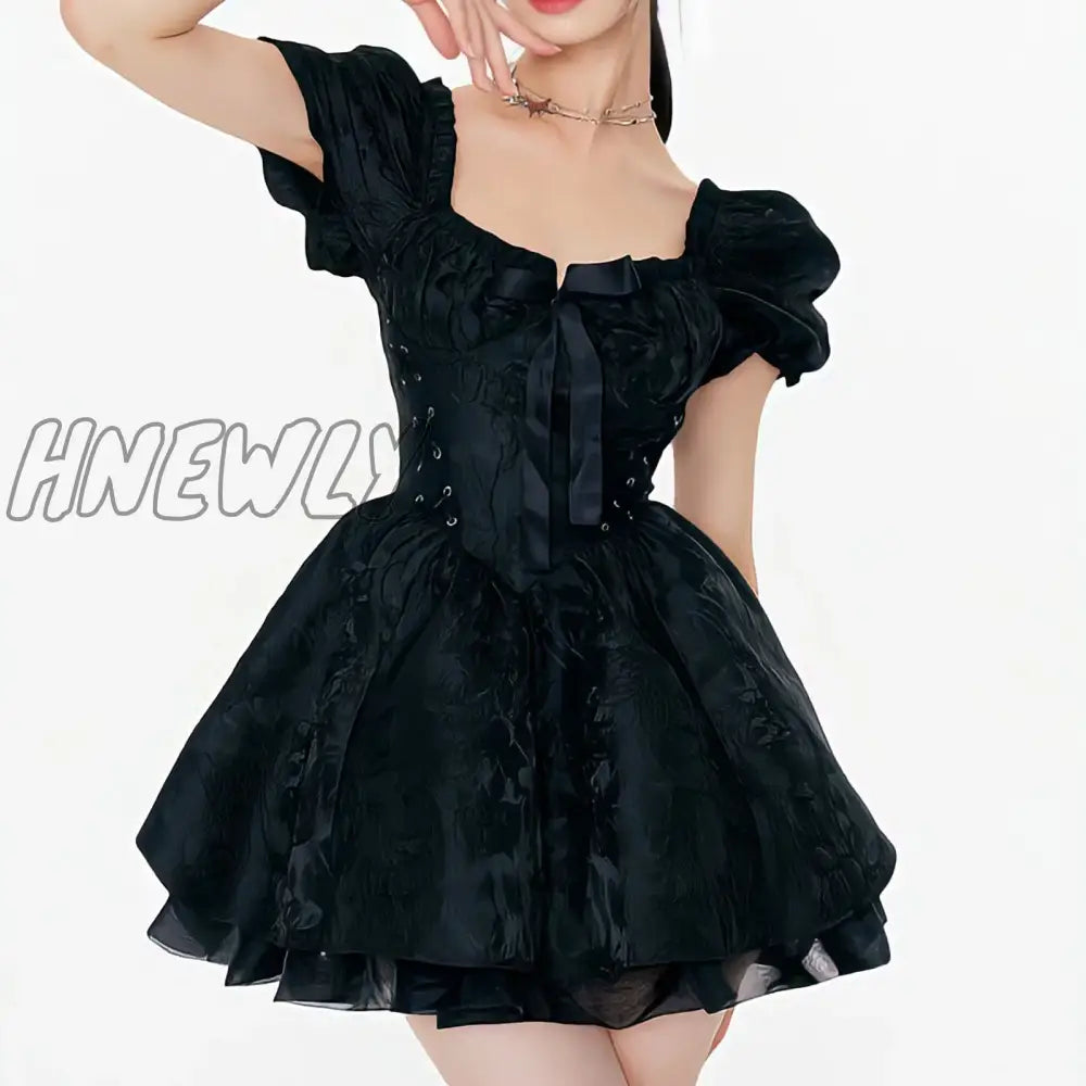 Hnewly Summer Women’s Dress Lolita Tunic Mesh Escaping Princess Square Neck Advanced Party Bubble