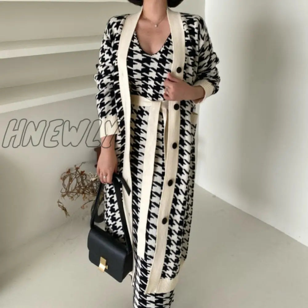 Hnewly Sweater Set Fashion Vintage Style V - Neck Long Knitted Coat + Houndstooth Vest Dress Female