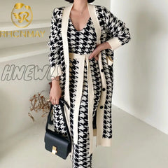 Hnewly Sweater Set Fashion Vintage Style V - Neck Long Knitted Coat + Houndstooth Vest Dress Female