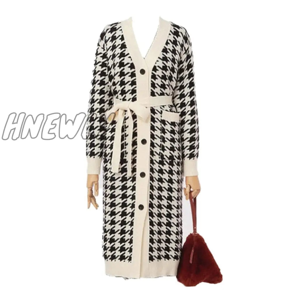 Hnewly Sweater Set Fashion Vintage Style V - Neck Long Knitted Coat + Houndstooth Vest Dress Female