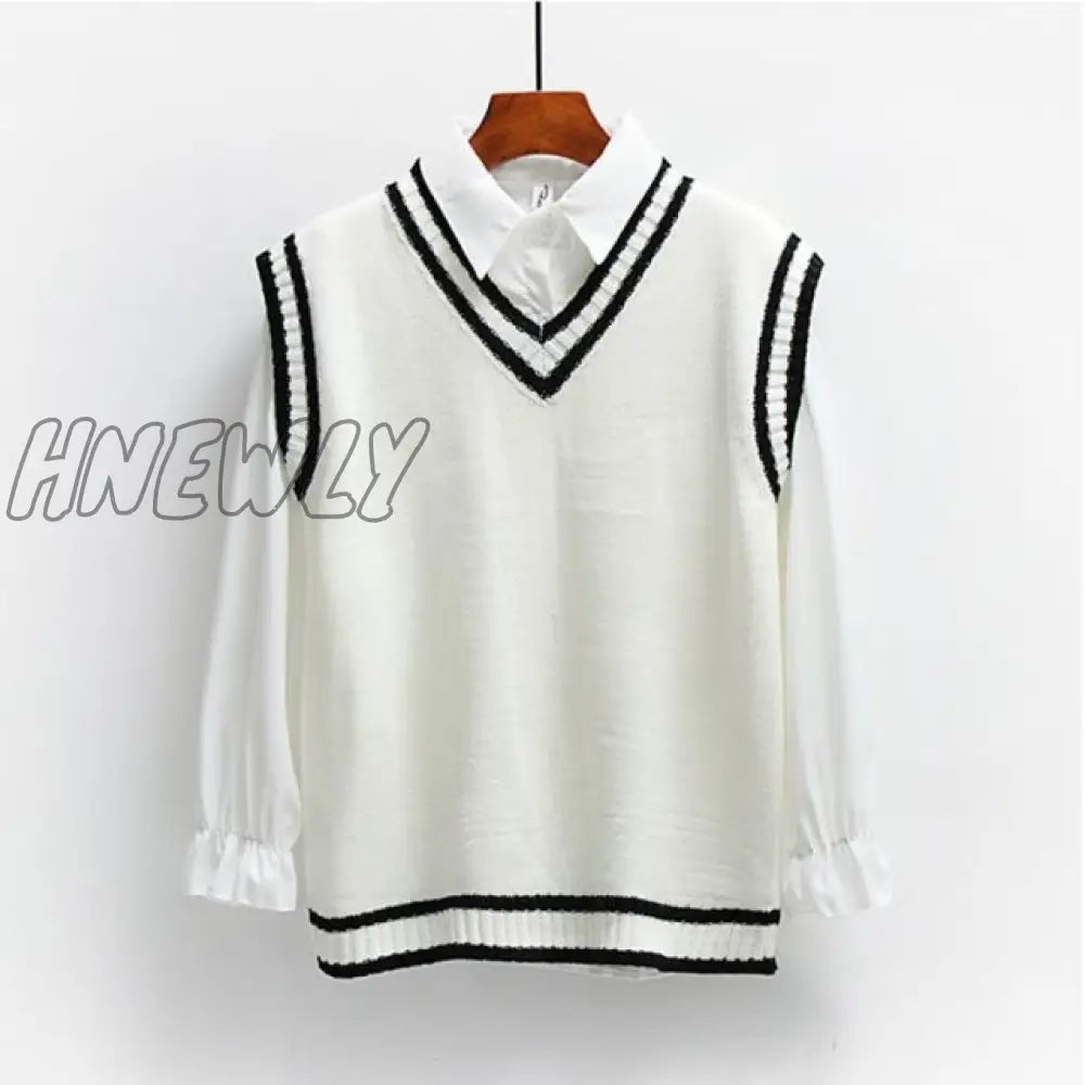 Hnewly Sweater Vest Women Striped Japanese - Style Sleeveless V - Neck All - Match Loose Casual