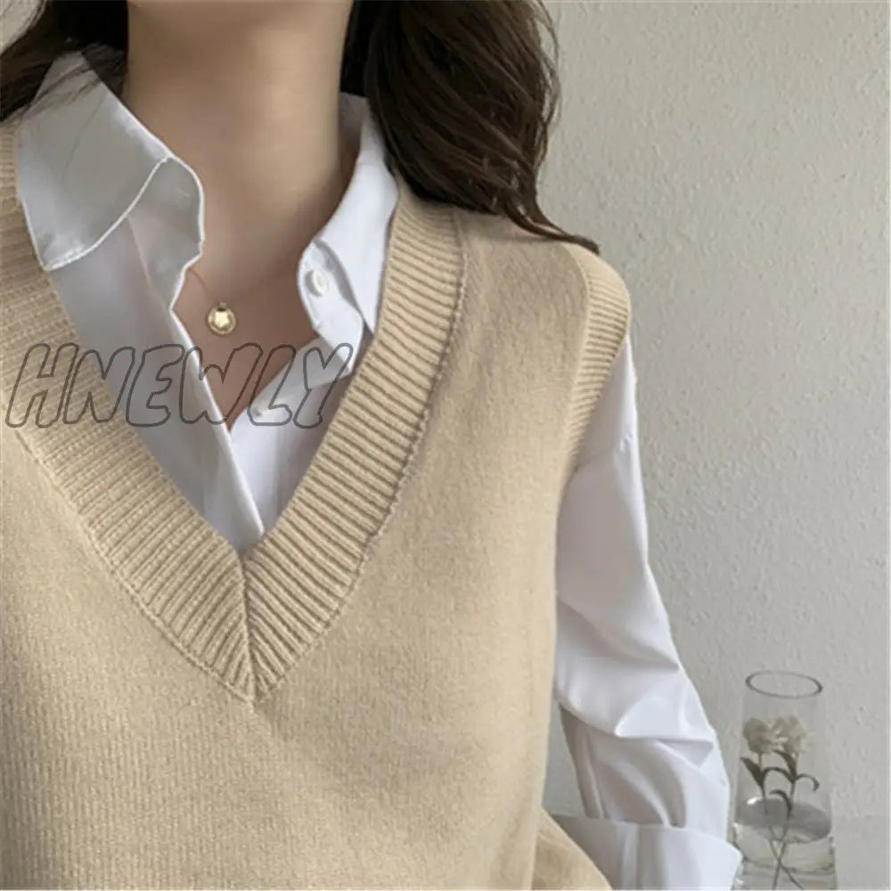 Hnewly Sweater Vest Women V - Neck Solid Simple Slim All - Match Casual Korean Style Teens Chic