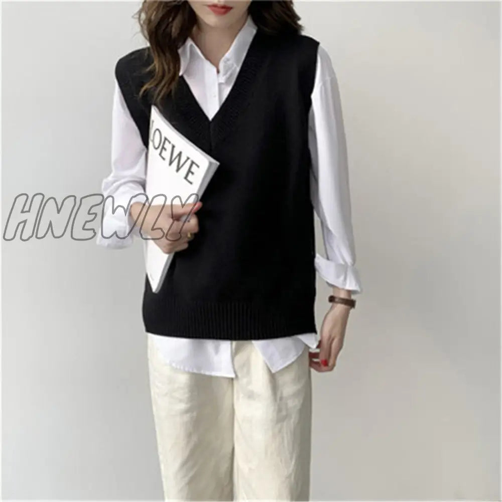 Hnewly Sweater Vest Women V - Neck Solid Simple Slim All - Match Casual Korean Style Teens Chic