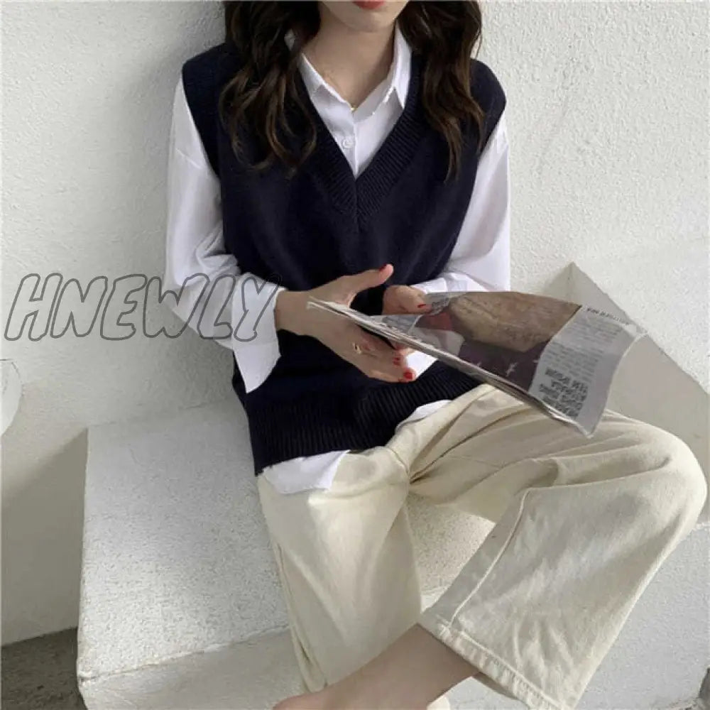 Hnewly Sweater Vest Women V - Neck Solid Simple Slim All - Match Casual Korean Style Teens Chic