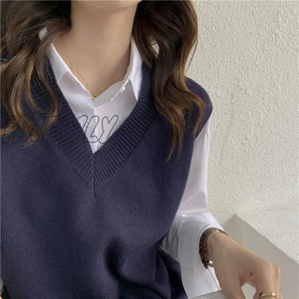 Hnewly Sweater Vest Women V - Neck Solid Simple Slim All - Match Casual Korean Style Teens Chic