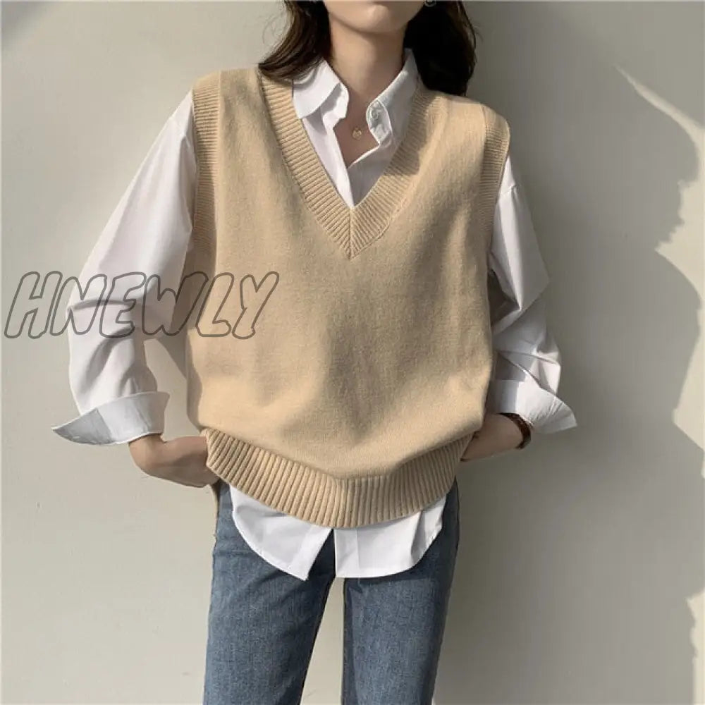 Hnewly Sweater Vest Women V - Neck Solid Simple Slim All - Match Casual Korean Style Teens Chic