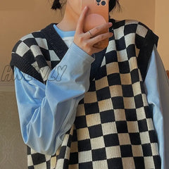 Hnewly Sweater Vest Women Vintage Plaid Stylish Sleeveless Knitwear Teens Preppy Style Ulzzang