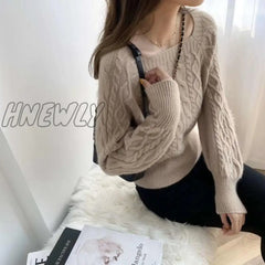 Hnewly Sweaters Women Fashion Slim Square Collar Long Sleeve Knitting Solid Simple Soft Cozy Tender