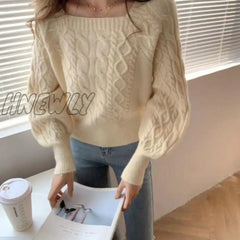 Hnewly Sweaters Women Fashion Slim Square Collar Long Sleeve Knitting Solid Simple Soft Cozy Tender