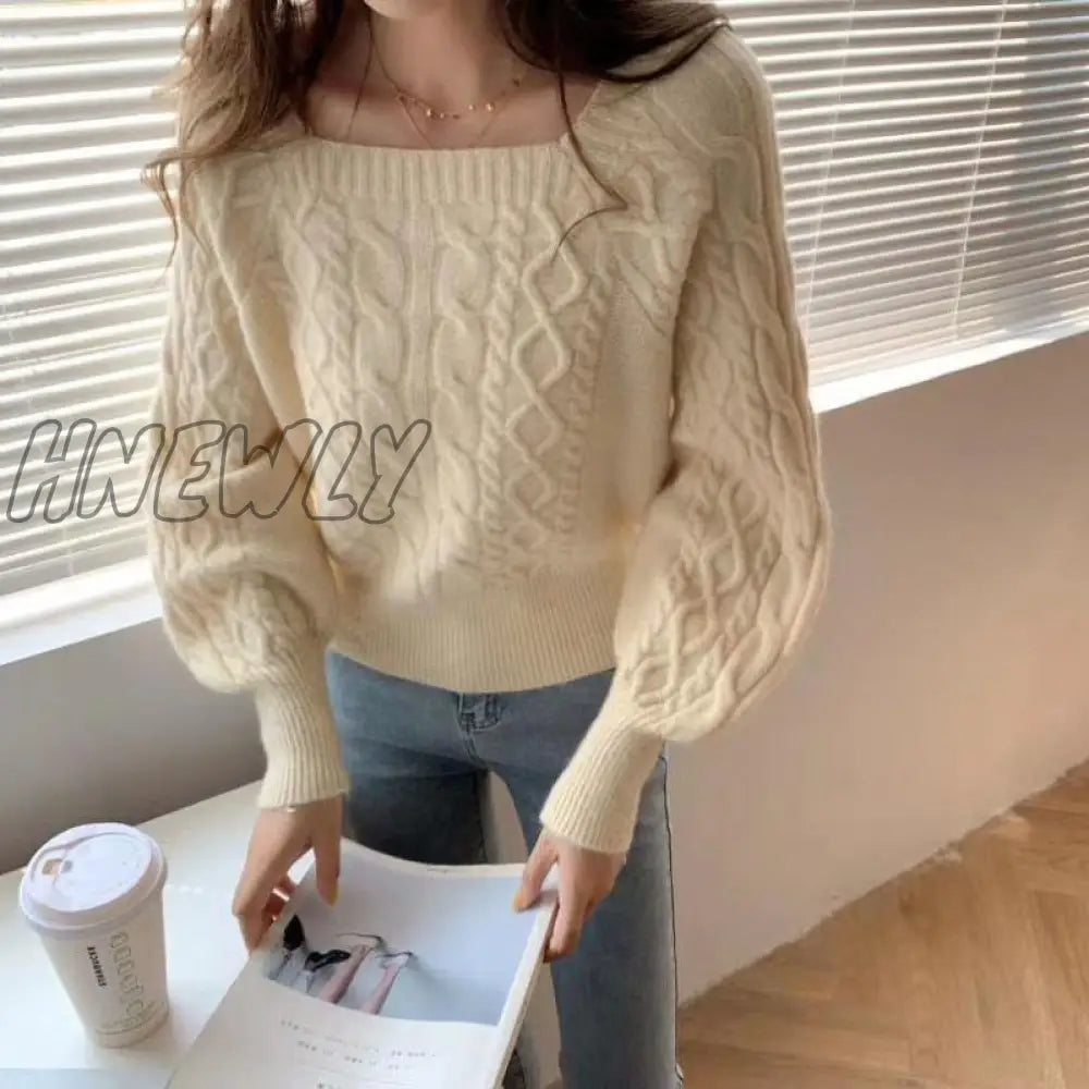 Hnewly Sweaters Women Fashion Slim Square Collar Long Sleeve Knitting Solid Simple Soft Cozy Tender