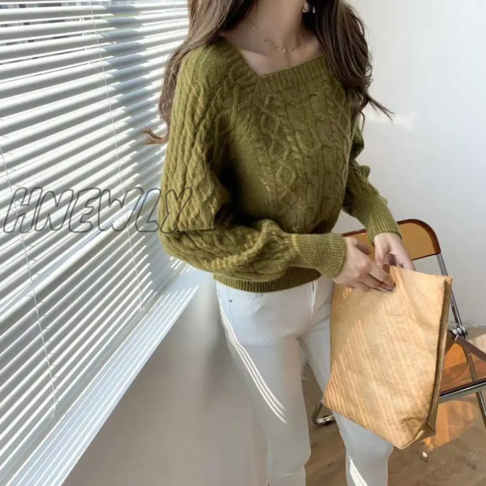 Hnewly Sweaters Women Fashion Slim Square Collar Long Sleeve Knitting Solid Simple Soft Cozy Tender