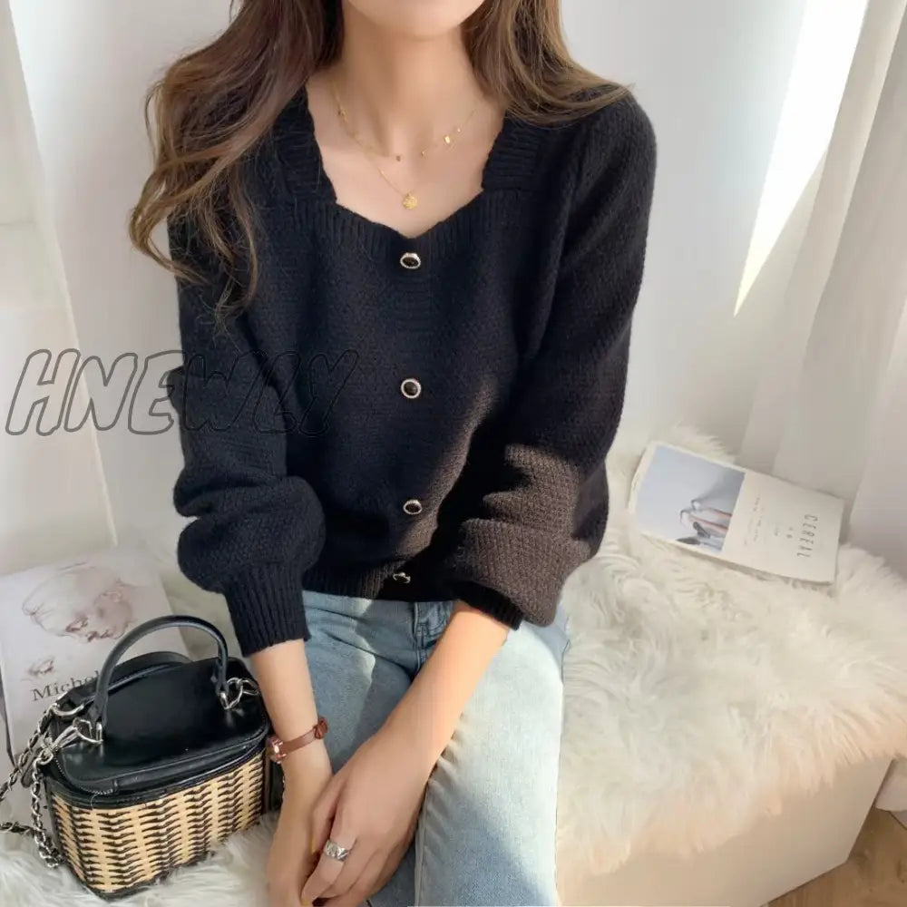 Hnewly Sweaters Women Fashion Slim Square Collar Long Sleeve Knitting Solid Simple Soft Cozy Tender