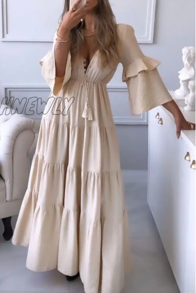 Hnewly - Sweet Elegant Solid Asymmetrical V Neck Irregular Dress Dresses Apricot / S Dresses/Long