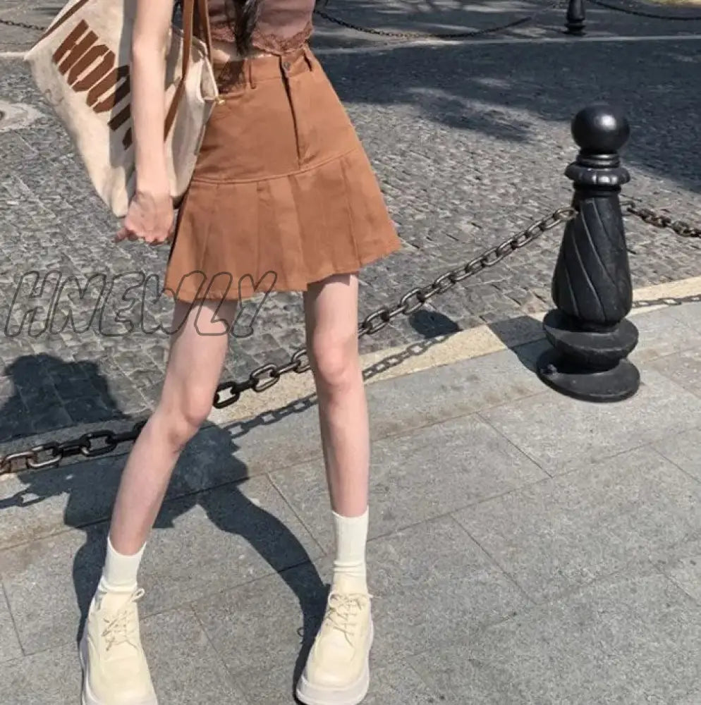 Hnewly Sweetown Low Waist New Jean Skirts Womens 2000S Aesthetic Vintage Brown Preppy Style A Line