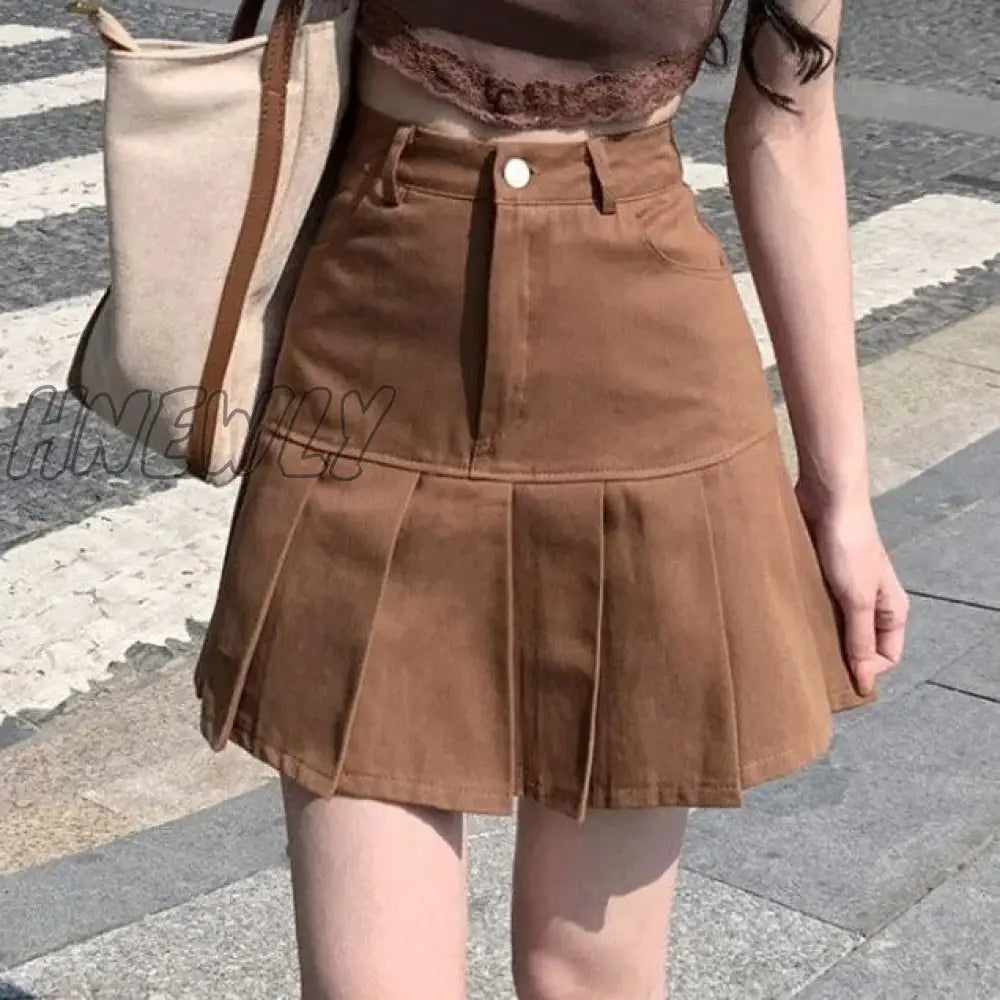 Hnewly Sweetown Low Waist New Jean Skirts Womens 2000S Aesthetic Vintage Brown Preppy Style A Line