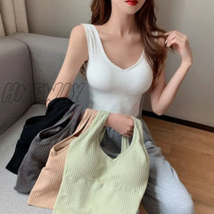 Hnewly Tank Tops Sexy Crop Vest Solid Harajuku Korean Female Off Shoulder Knitted V Neck Khaki